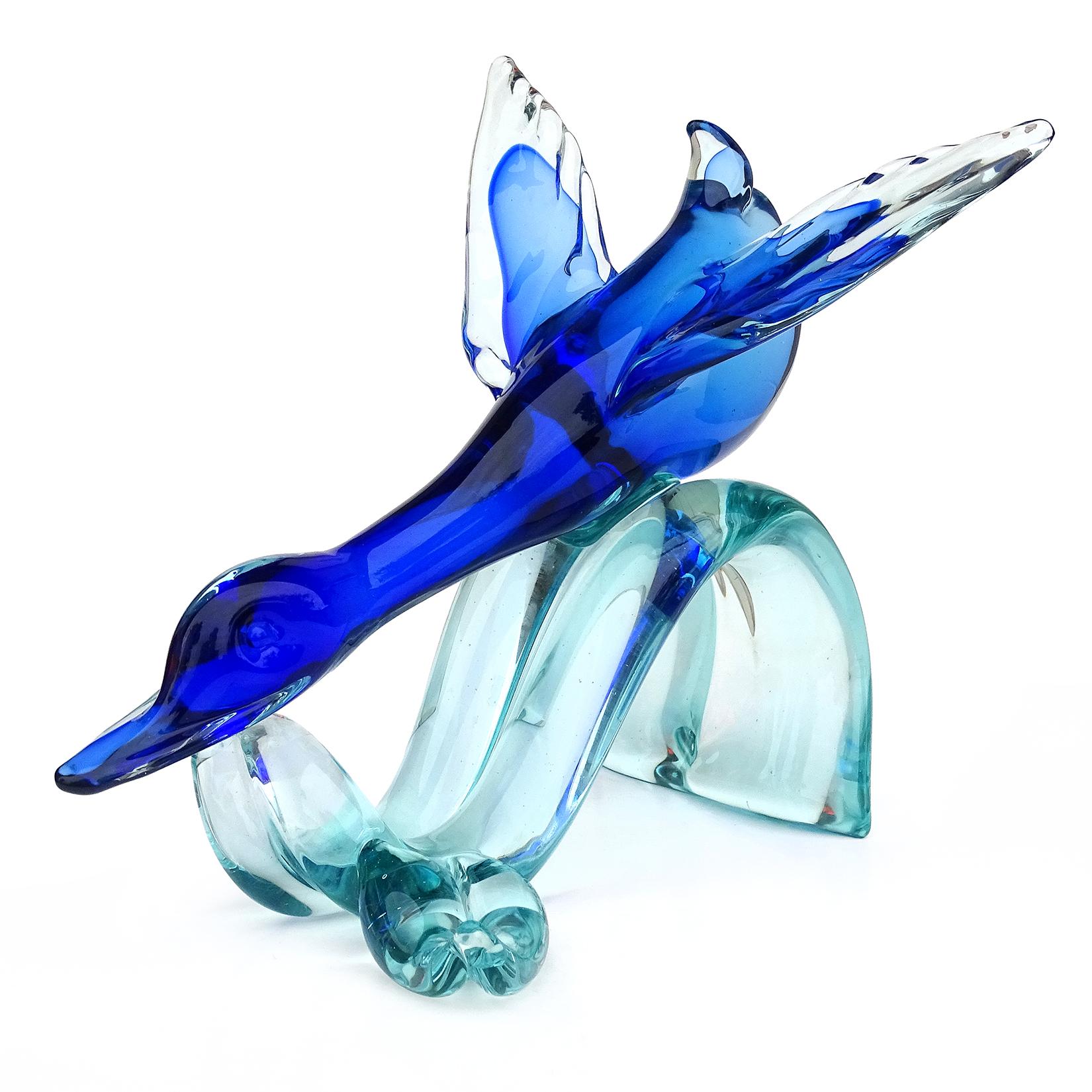 Seguso Murano Sommerso Cobalt Blue Italian Art Glass Flying Duck Bird Sculpture 1