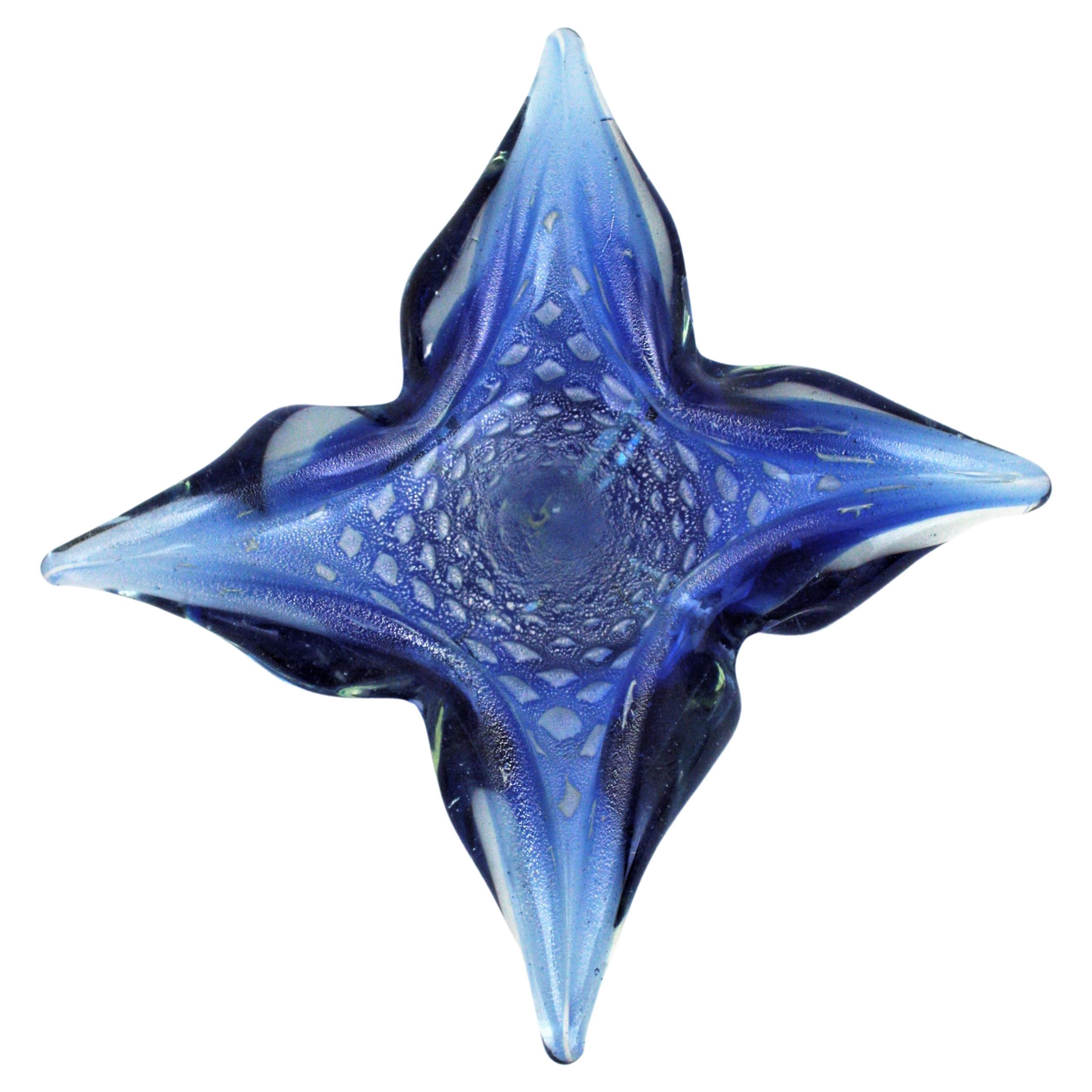 Seguso Silver Flecks Blue Murano Star Glass Bowl, 1950s