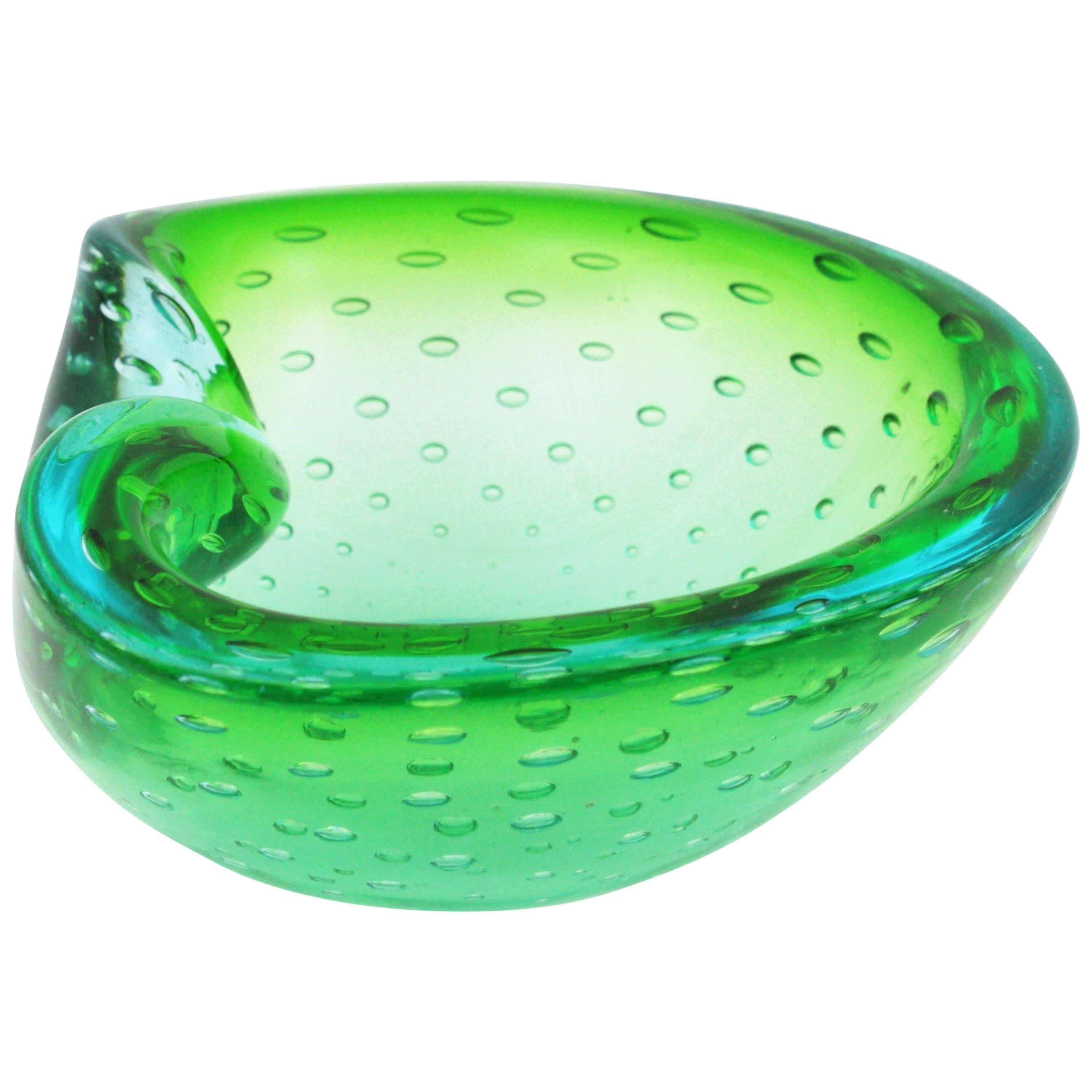 Seguso Murano Sommerso Green and Blue Bullicante Art Glass Bowl 3