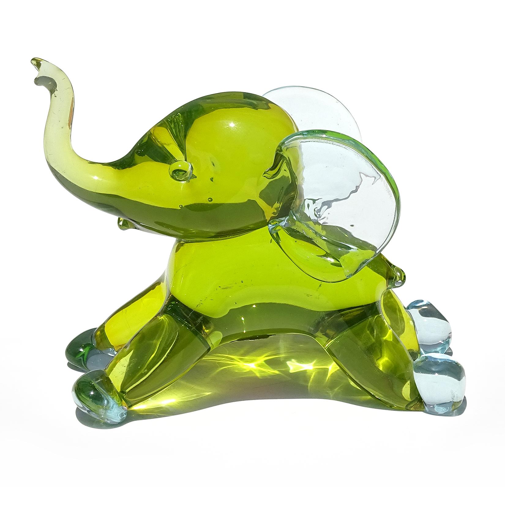Hand-Crafted Seguso Murano Sommerso Green Blue Italian Art Glass Baby Elephant Sculpture