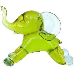 Used Seguso Murano Sommerso Green Blue Italian Art Glass Baby Elephant Sculpture