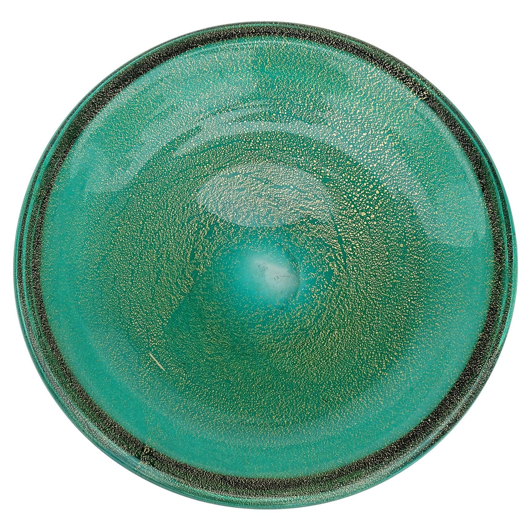 Seguso Murano Sommerso Green Gold Flecks Italian Art Glass Flat Catchall Bowl