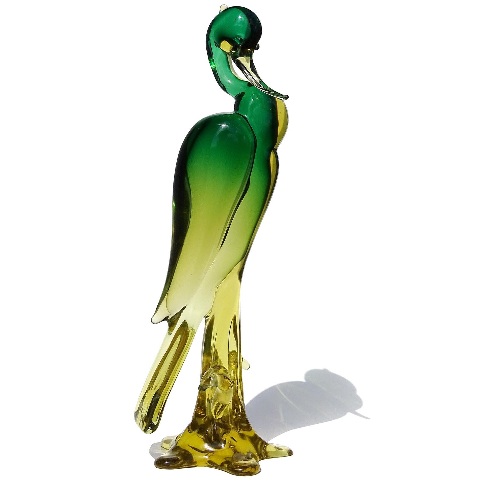 Hand-Crafted Seguso Murano Sommerso Green Golden Orange Art Glass Italian Bird Sculpture