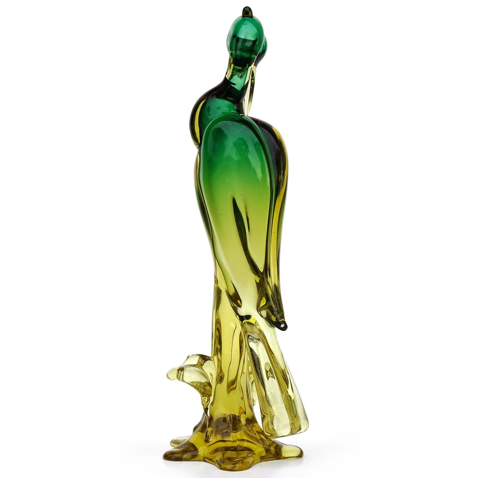 Seguso Murano Sommerso Green Golden Orange Art Glass Italian Bird Sculpture For Sale 1