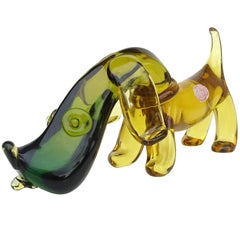 Retro Seguso Murano Sommerso Green Orange Italian Art Glass Dachshund Dog Sculpture