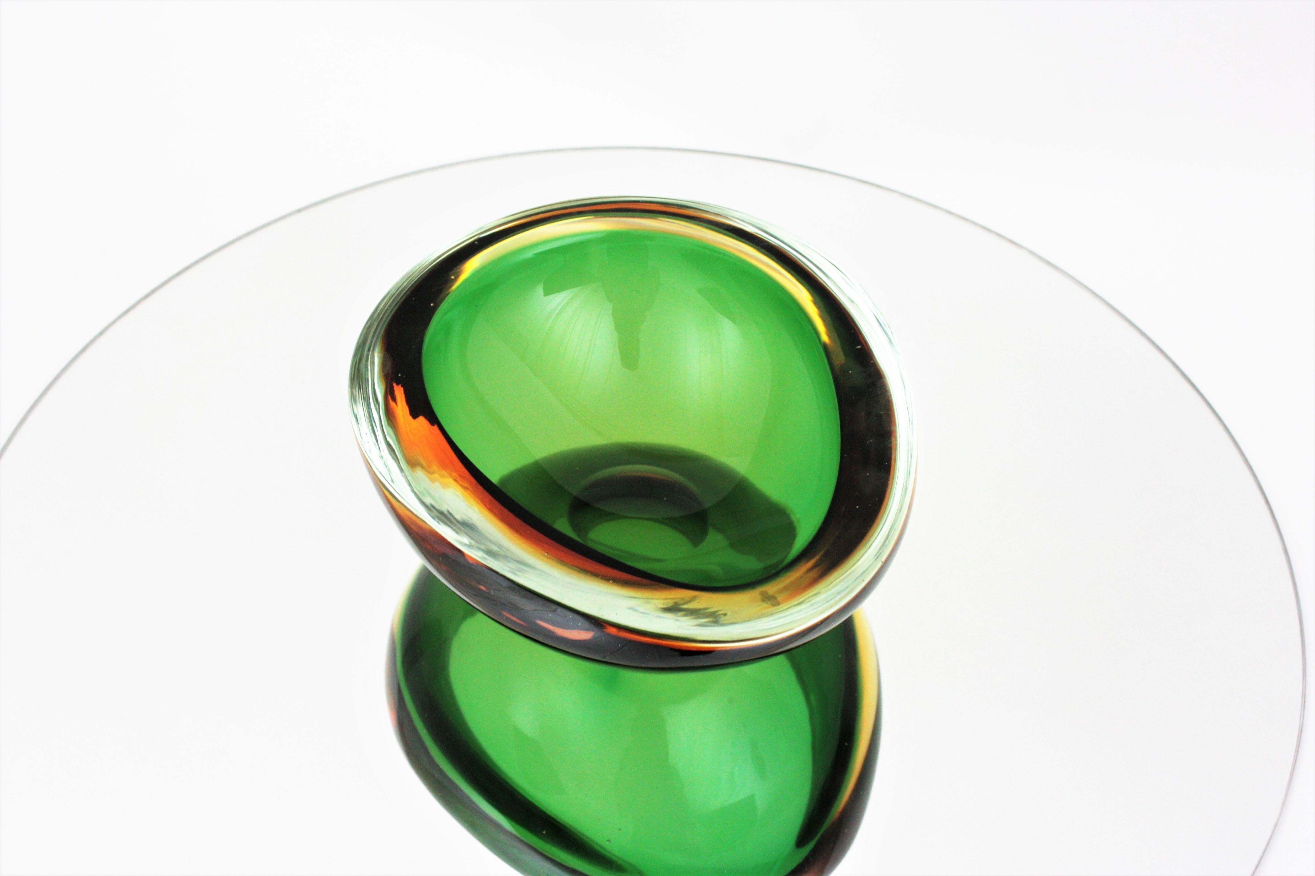 Mid-Century Modern Seguso Murano Sommerso Green Yellow Art Glass Huge Ovoid Centerpiece Bowl For Sale