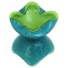 Seguso Murano Sommerso, limettengrün-blaue Kunstglasschale mit silbernen Sprenkeln, groß, 1950er Jahre