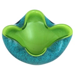 Seguso Murano Sommerso Verde lima Azul Plata Fleck Tazón grande de vidrio artístico