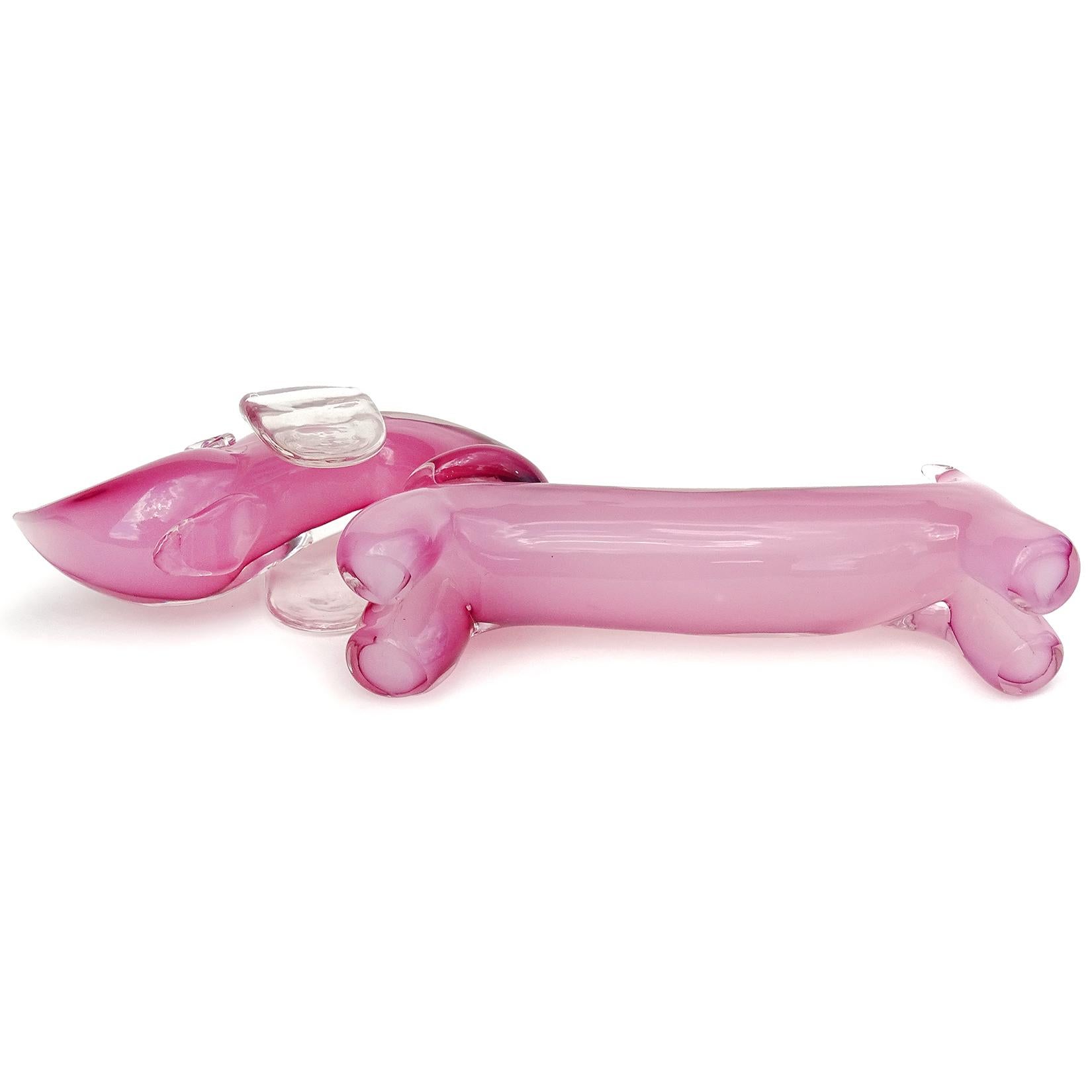 Hand-Crafted Seguso Murano Sommerso Opal Pink Italian Art Glass Dachshund Puppy Dog Sculpture