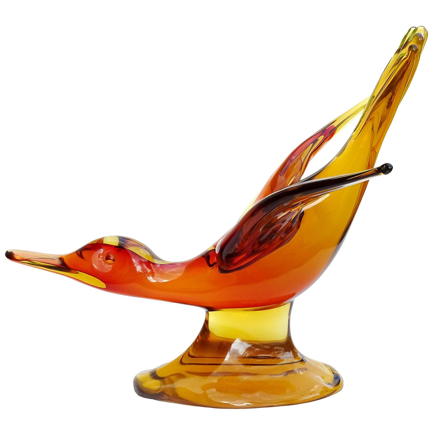 Seguso Murano Sommerso Orange Red Italian Art Glass Flying Duck Bird Sculpture
