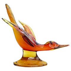 Seguso Murano Glass Sommerso Orange Rouge Italien Art Glass Flying Duck Bird Sculpture