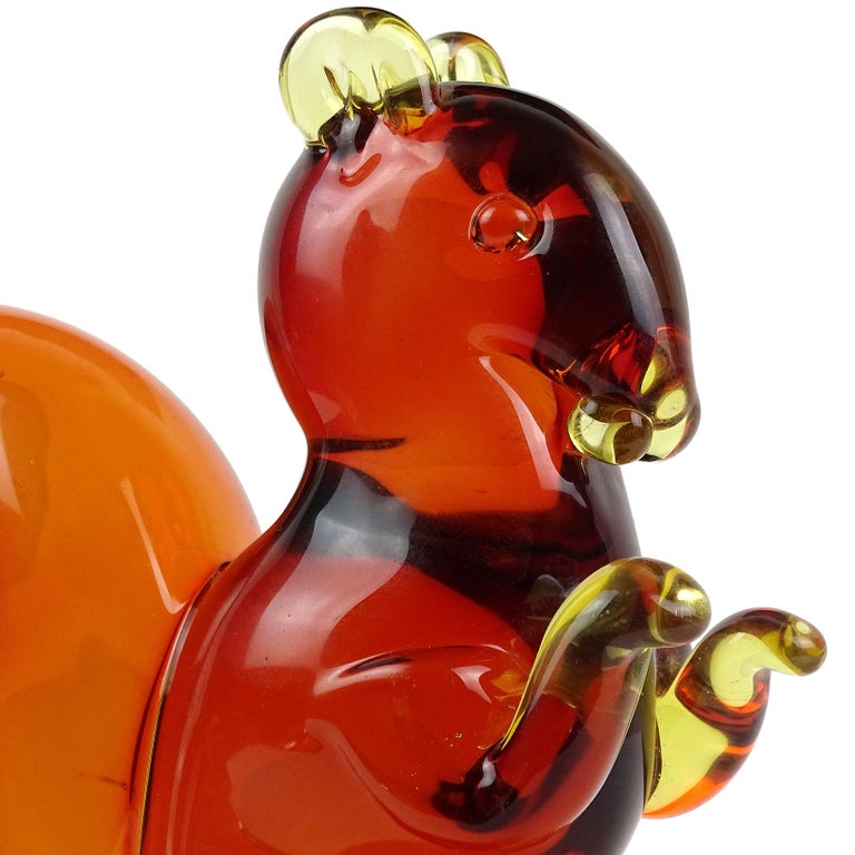 Seguso Murano Sommerso Orange Red Yellow Italian Art Glass Squirrel