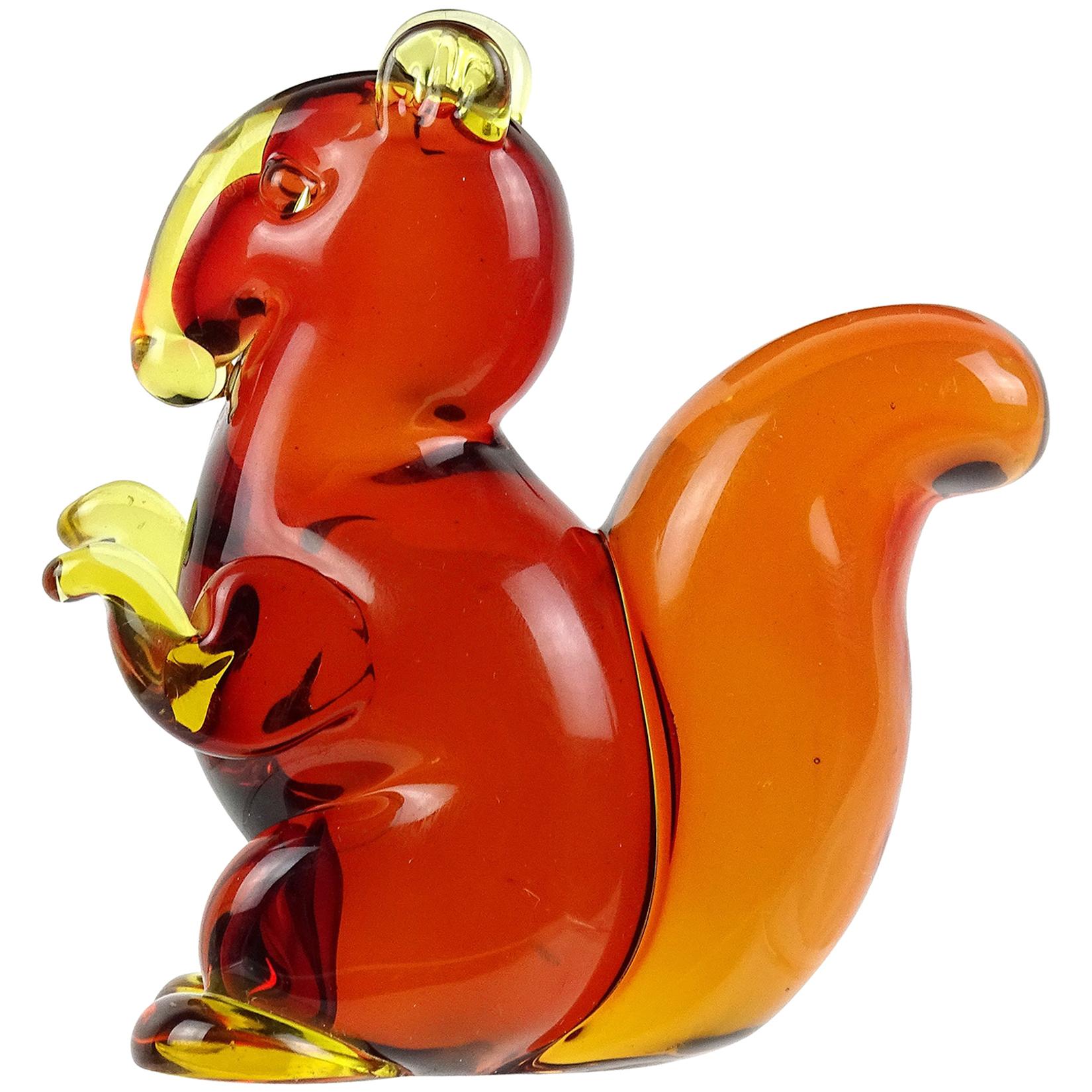 Seguso Murano Sommerso Orange Red Yellow Italian Art Glass Squirrel Figurine