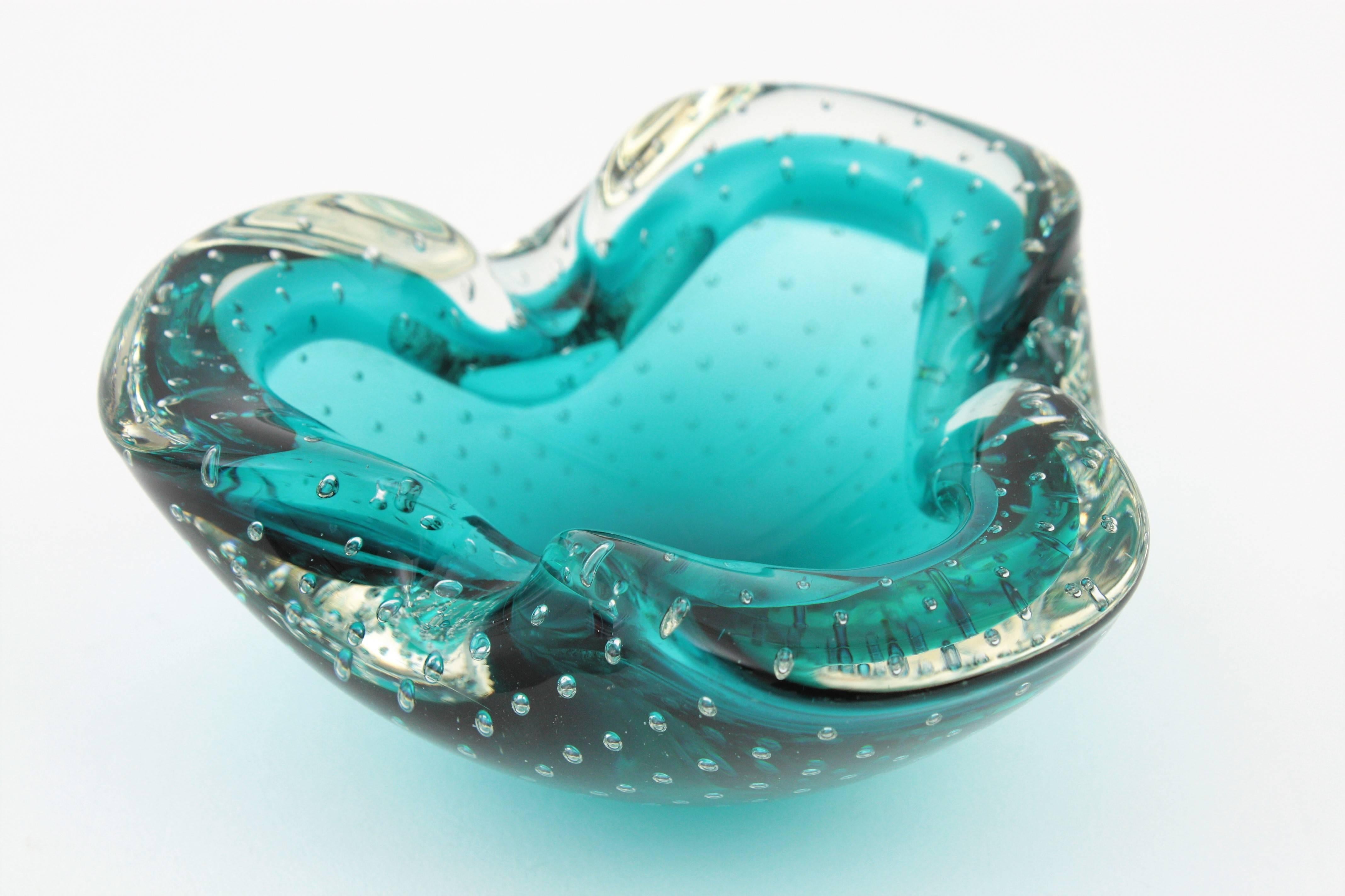 Seguso Murano Sommerso Petrol Blue Bubble Art Glass Bowl /Ashtray, 1960s 3