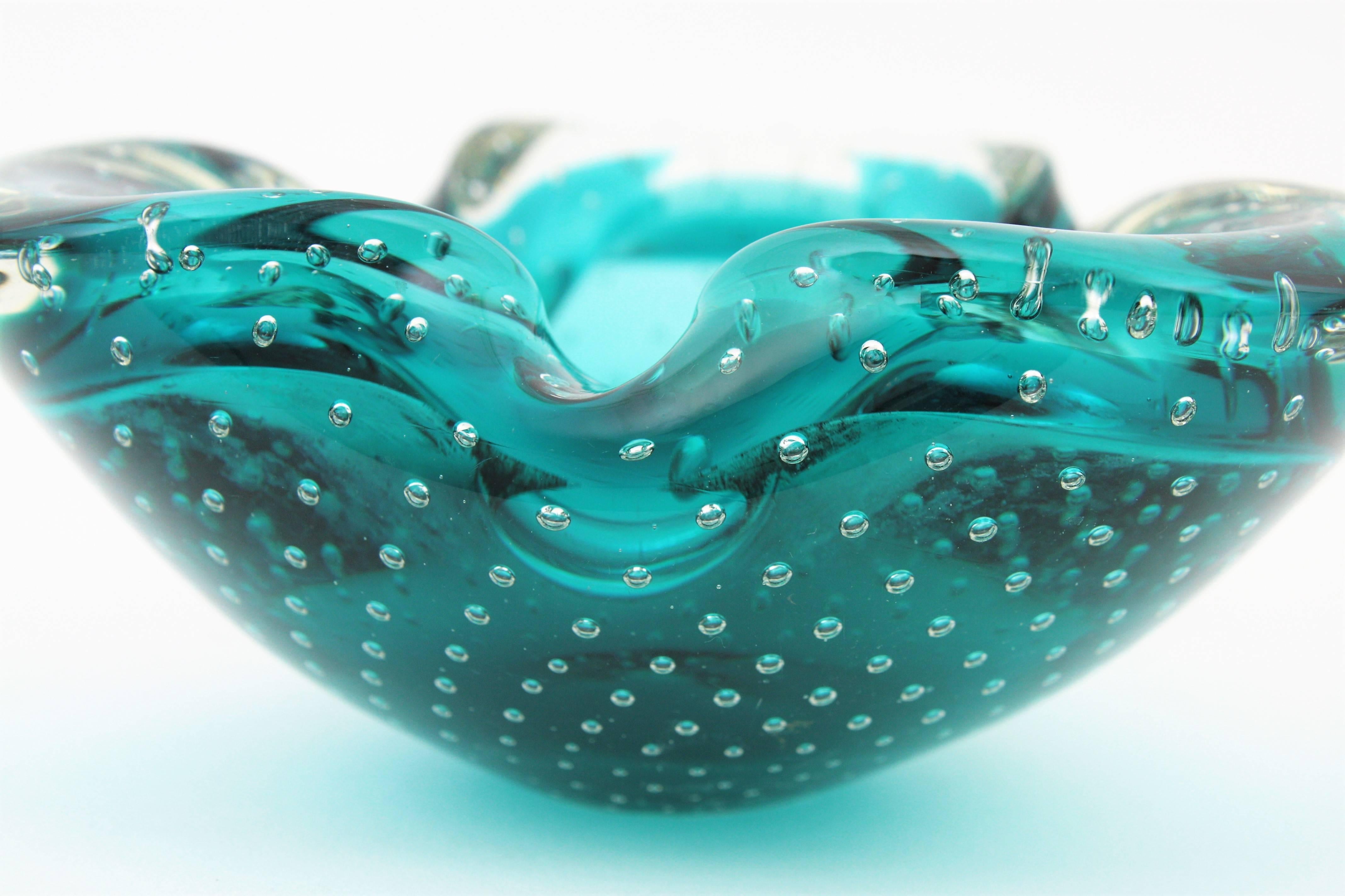 Seguso Murano Sommerso Petrol Blue Bubble Art Glass Bowl /Ashtray, 1960s In Excellent Condition In Barcelona, ES