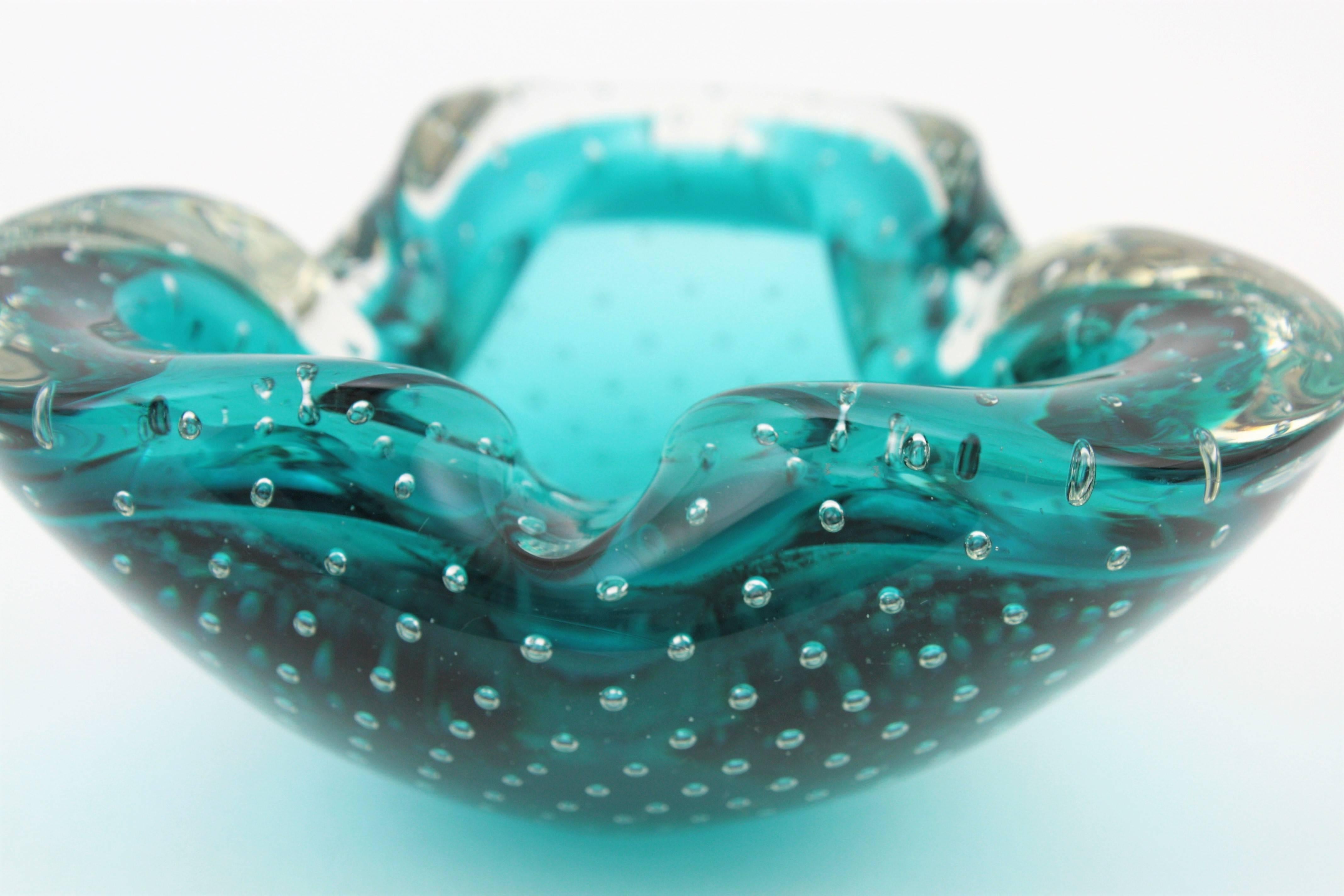 Seguso Murano Sommerso Petrol Blue Bubble Art Glass Bowl /Ashtray, 1960s 1