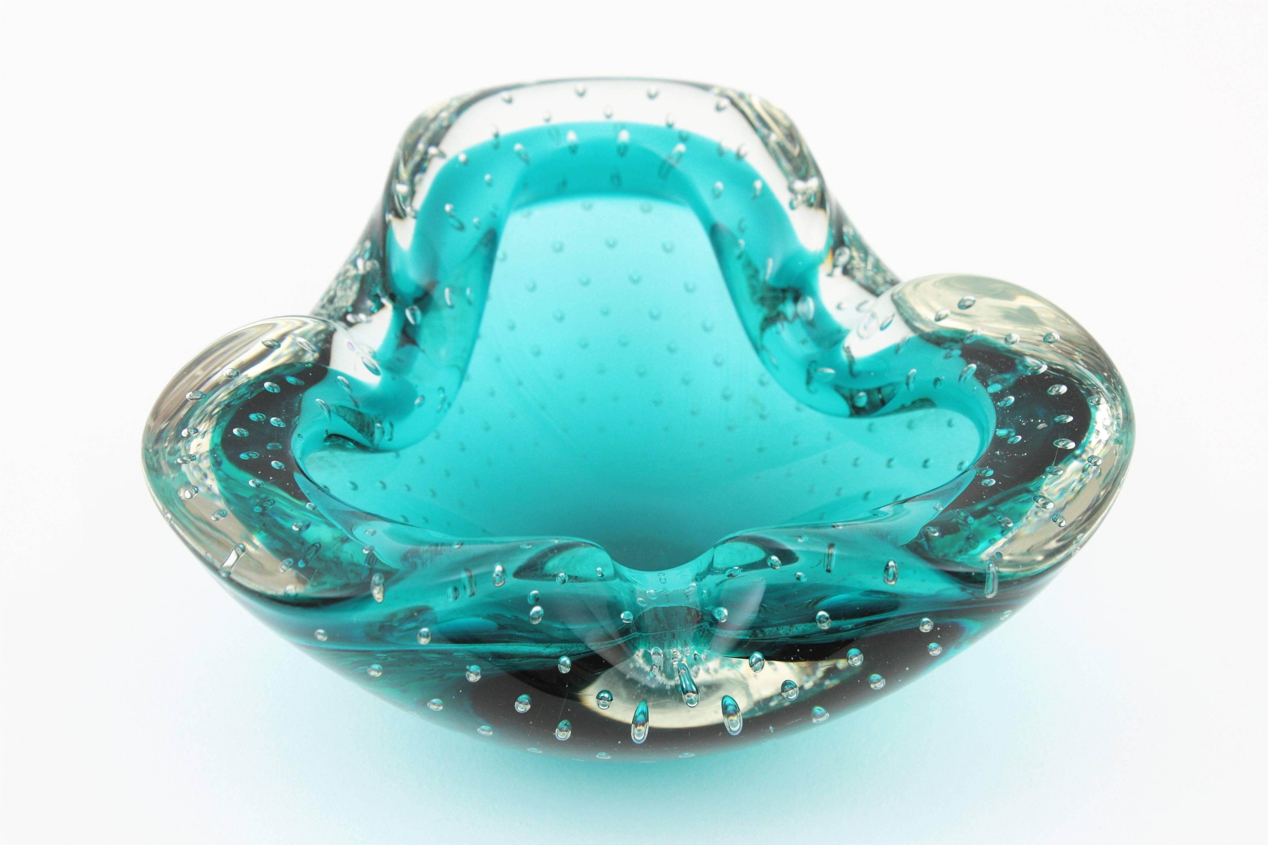 Seguso Murano Sommerso Petrol Blue Bubble Art Glass Bowl /Ashtray, 1960s 2
