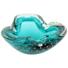 Seguso Murano Sommerso Petrol Blue Bubble Art Glass Bowl /Ashtray, 1960s