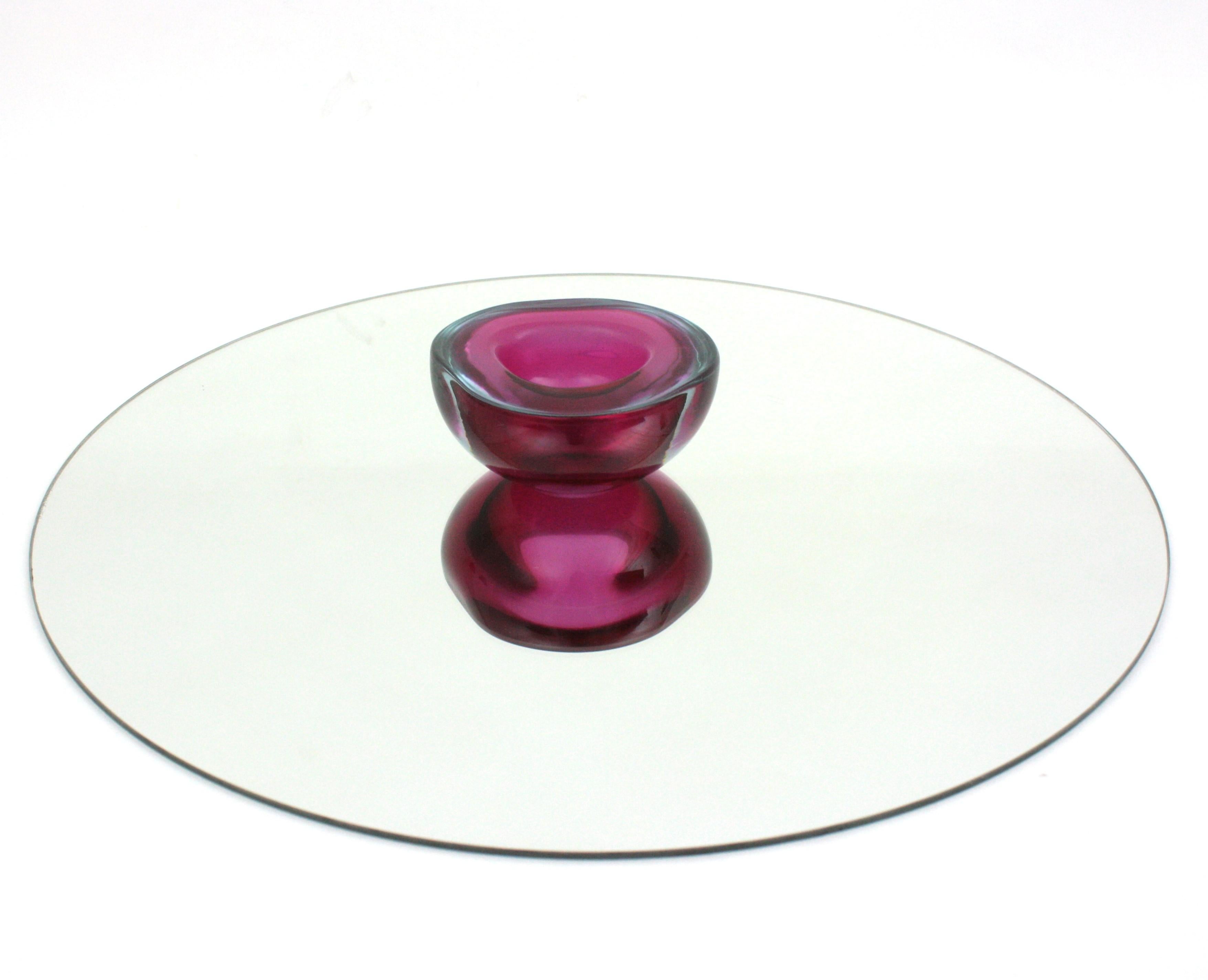 Mid-Century Modern Seguso Murano Sommerso Pink Fuchsia Glass Geode Triangle Art Glass Bowl For Sale