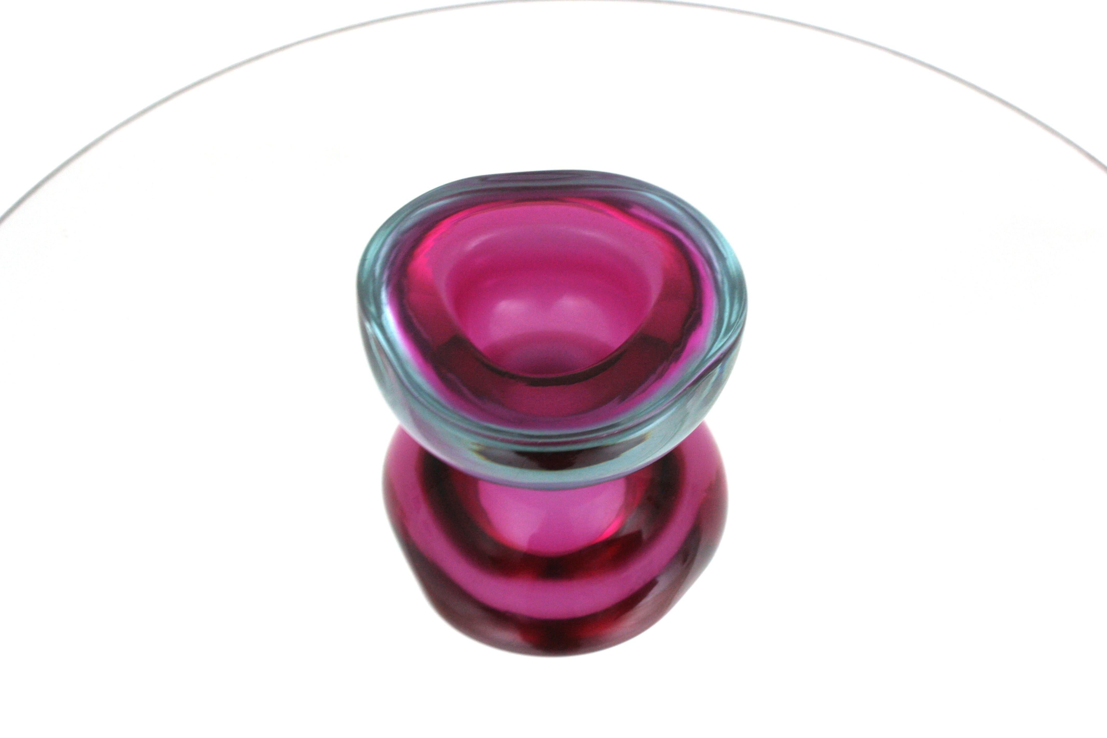 Italian Seguso Murano Sommerso Pink Fuchsia Glass Geode Triangle Art Glass Bowl For Sale