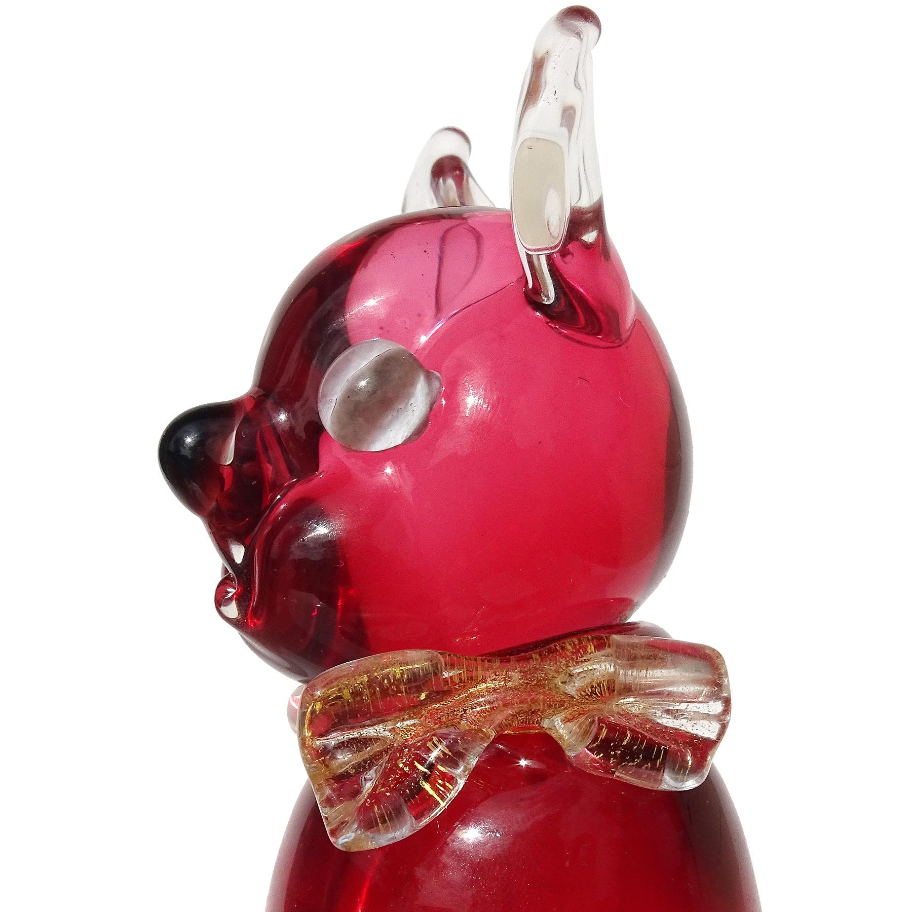 Hand-Crafted Seguso Murano Sommerso Pink Gold Flecks Bow Italian Art Glass Kitty Cat Figurine