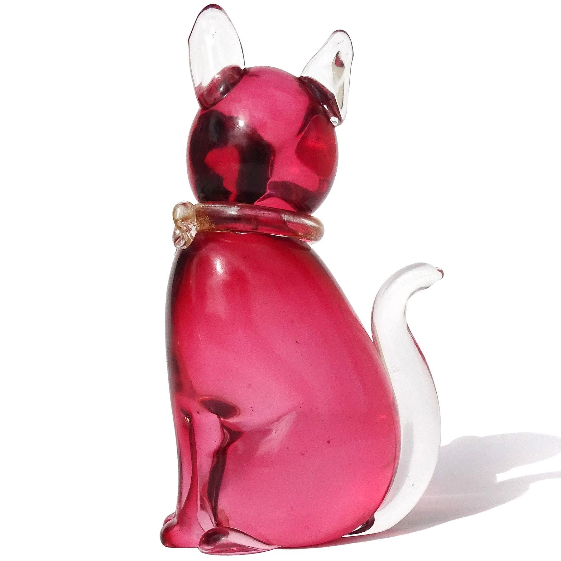 Seguso Murano Sommerso Pink Gold Flecks Bow Italian Art Glass Kitty Cat Figurine In Good Condition In Kissimmee, FL