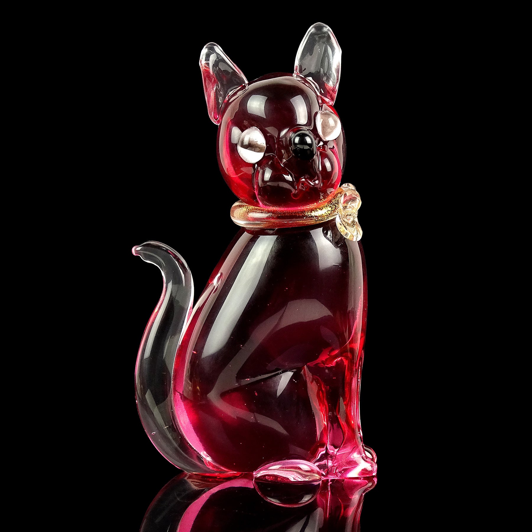 20th Century Seguso Murano Sommerso Pink Gold Flecks Bow Italian Art Glass Kitty Cat Figurine