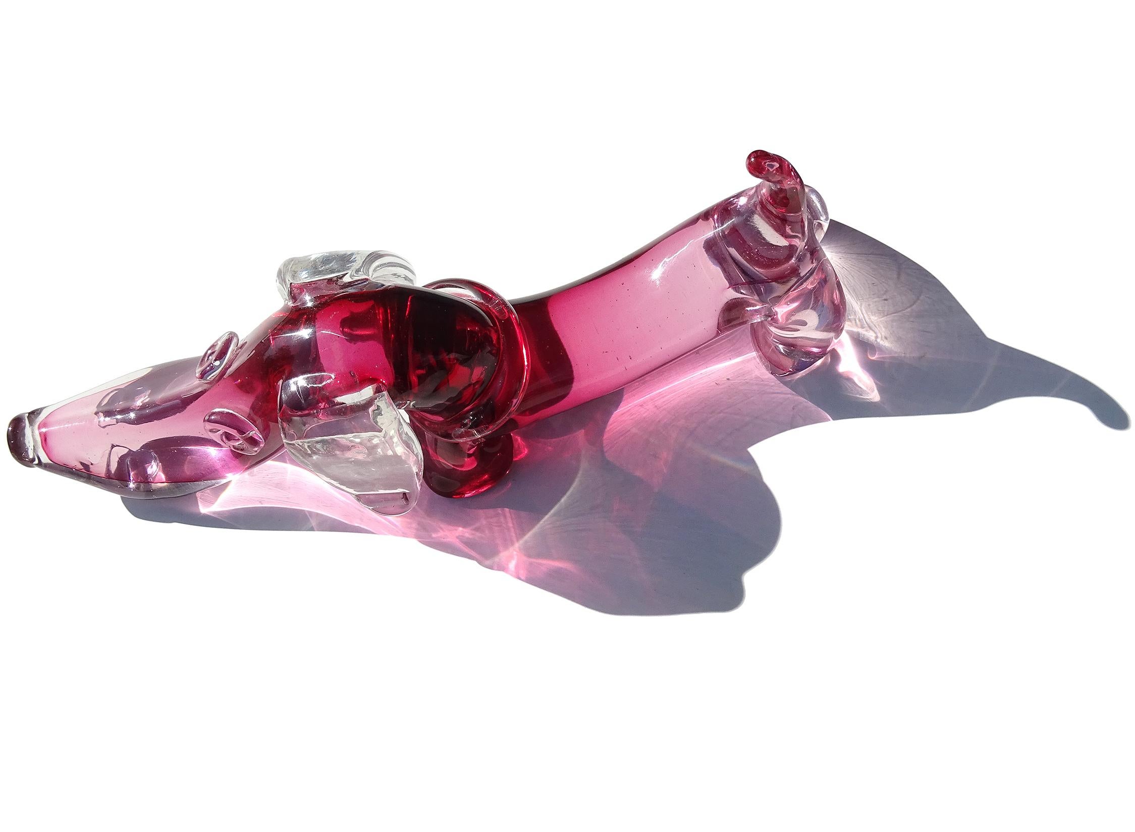 Seguso Murano Sommerso Pink Italian Art Glass Dachshund Puppy Dog Sculpture In Good Condition In Kissimmee, FL