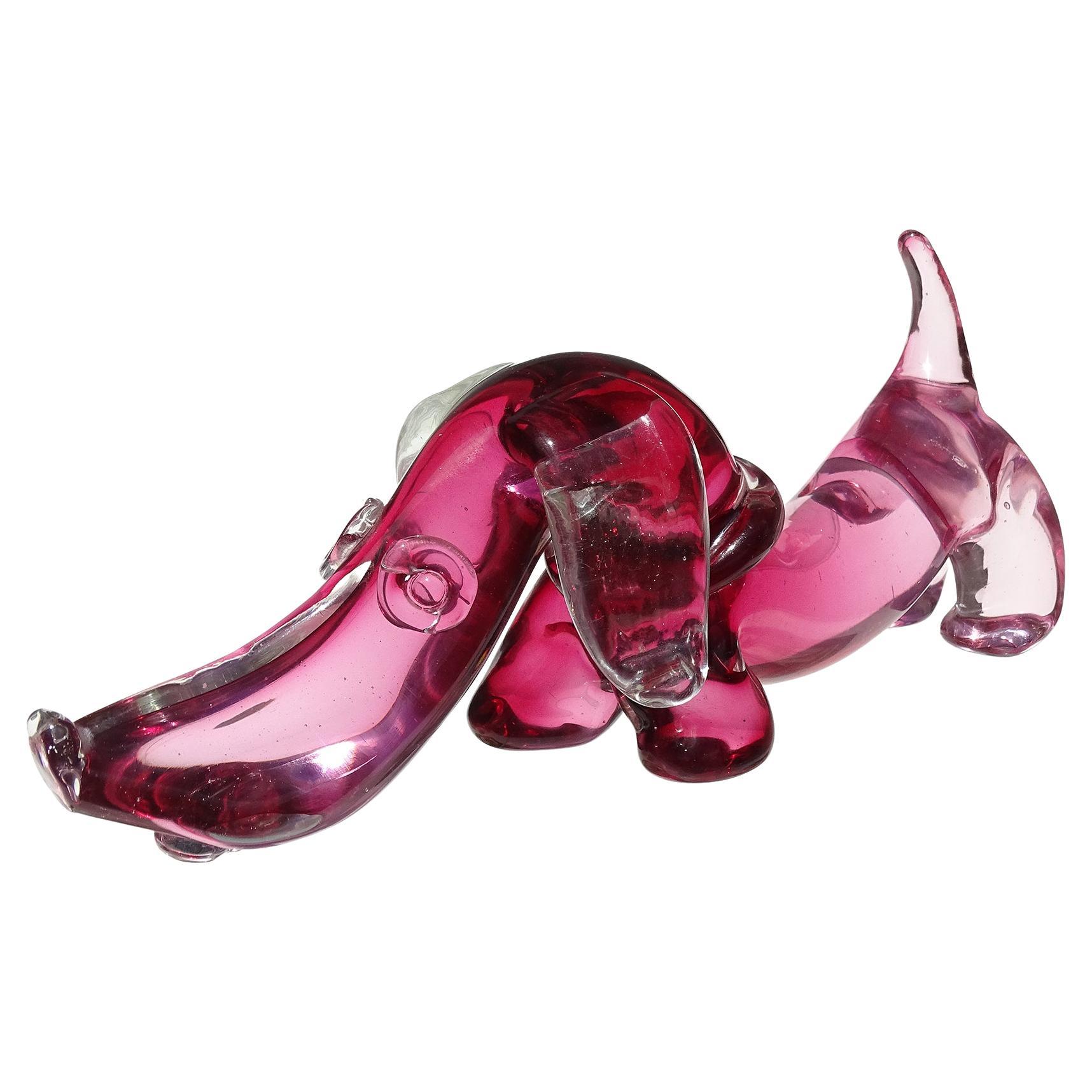 Seguso Murano Sommerso Pink Italian Art Glass Dachshund Puppy Dog Sculpture