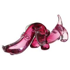 Seguso Murano Sommerso Pink Italian Art Glass Dachshund Puppy Dog Sculpture