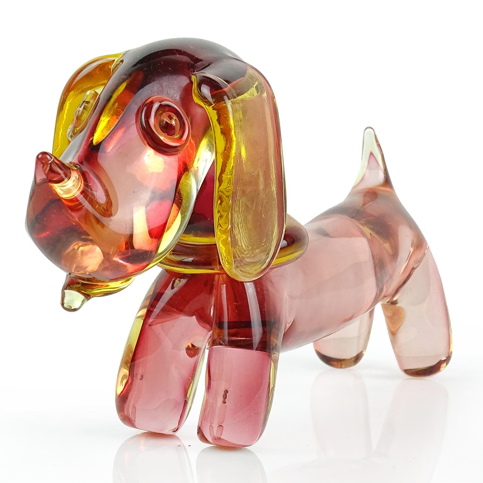 Mid-Century Modern Seguso Murano Sommerso Pink Yellow Italian Art Glass Dachshund Dog Sculpture