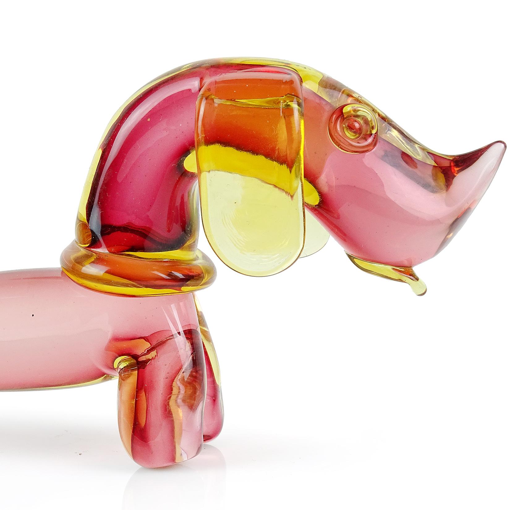 Hand-Crafted Seguso Murano Sommerso Pink Yellow Italian Art Glass Dachshund Dog Sculpture