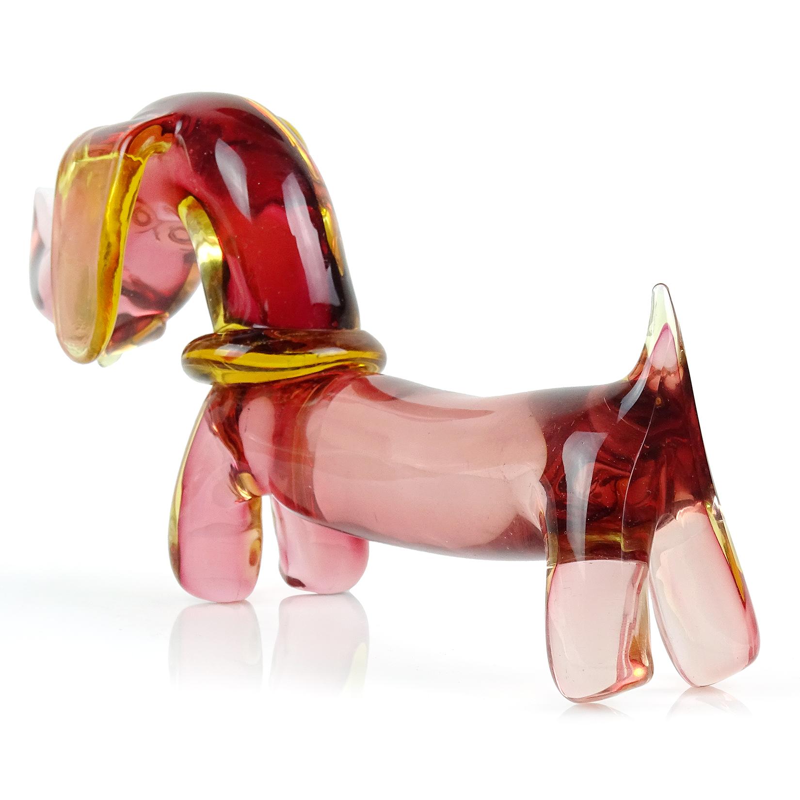 Seguso Murano Sommerso Pink Yellow Italian Art Glass Dachshund Dog Sculpture In Good Condition In Kissimmee, FL