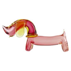 Vintage Seguso Murano Sommerso Pink Yellow Italian Art Glass Dachshund Dog Sculpture