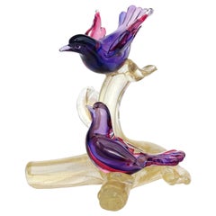 Seguso Murano Sommerso Purple Blue Gold Flecks Italian Art Glass Birds Sculpture