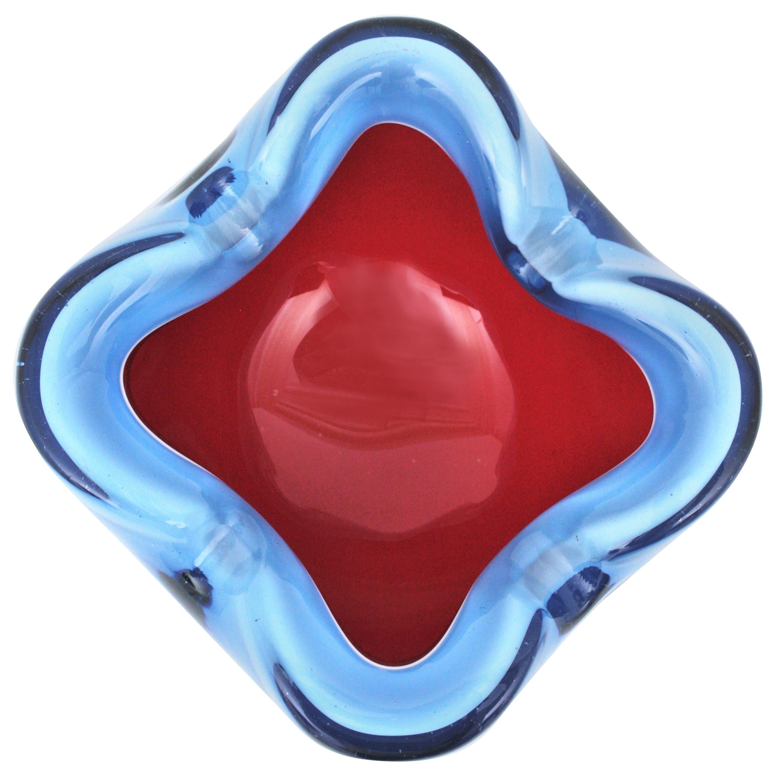 Seguso Murano Sommerso Red Blue Italian Art Glass Bowl / Ashtray