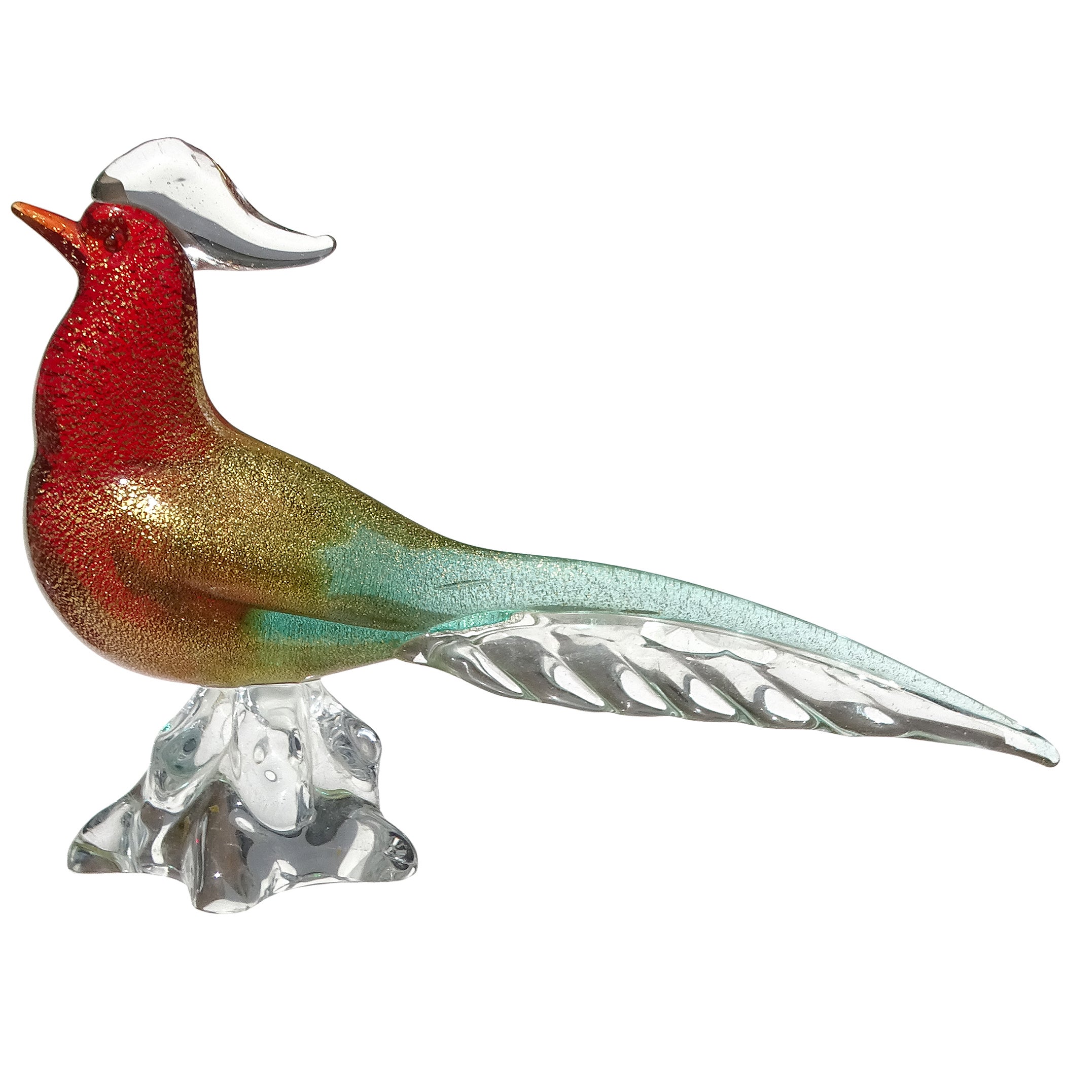 Murano Glass Sommerso Red Green Gold Flecks Uccello in vetro artistico italiano Seguso