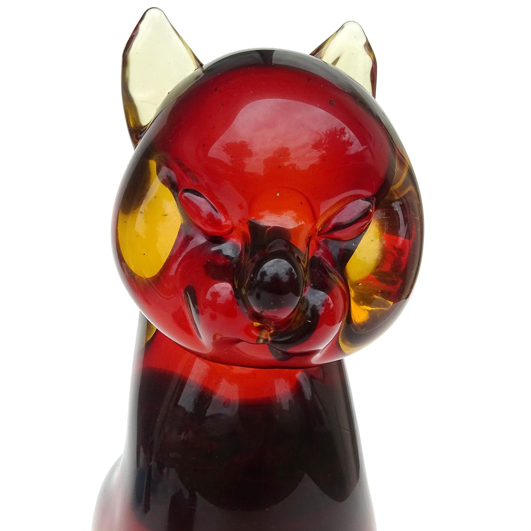 Seguso Murano Sommerso Red Orange Italian Art Glass Regal Kitty Cat Sculpture For Sale 1