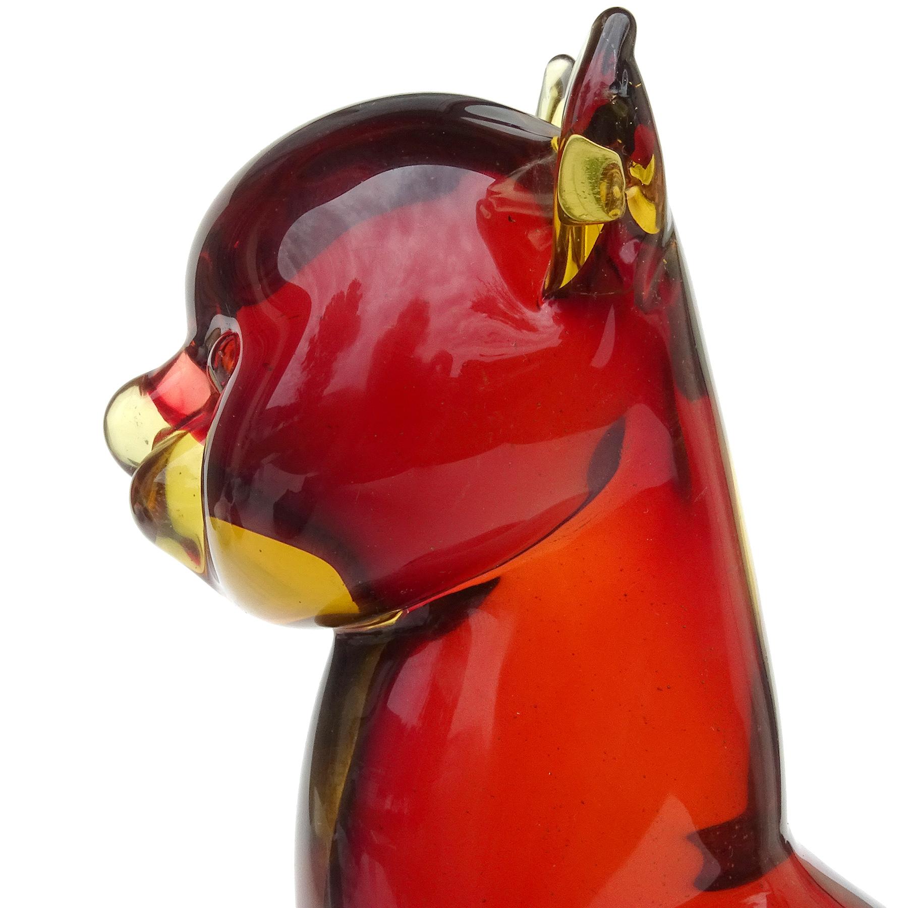 Mid-Century Modern Seguso Murano Sommerso Red Orange Italian Art Glass Regal Kitty Cat Sculpture For Sale