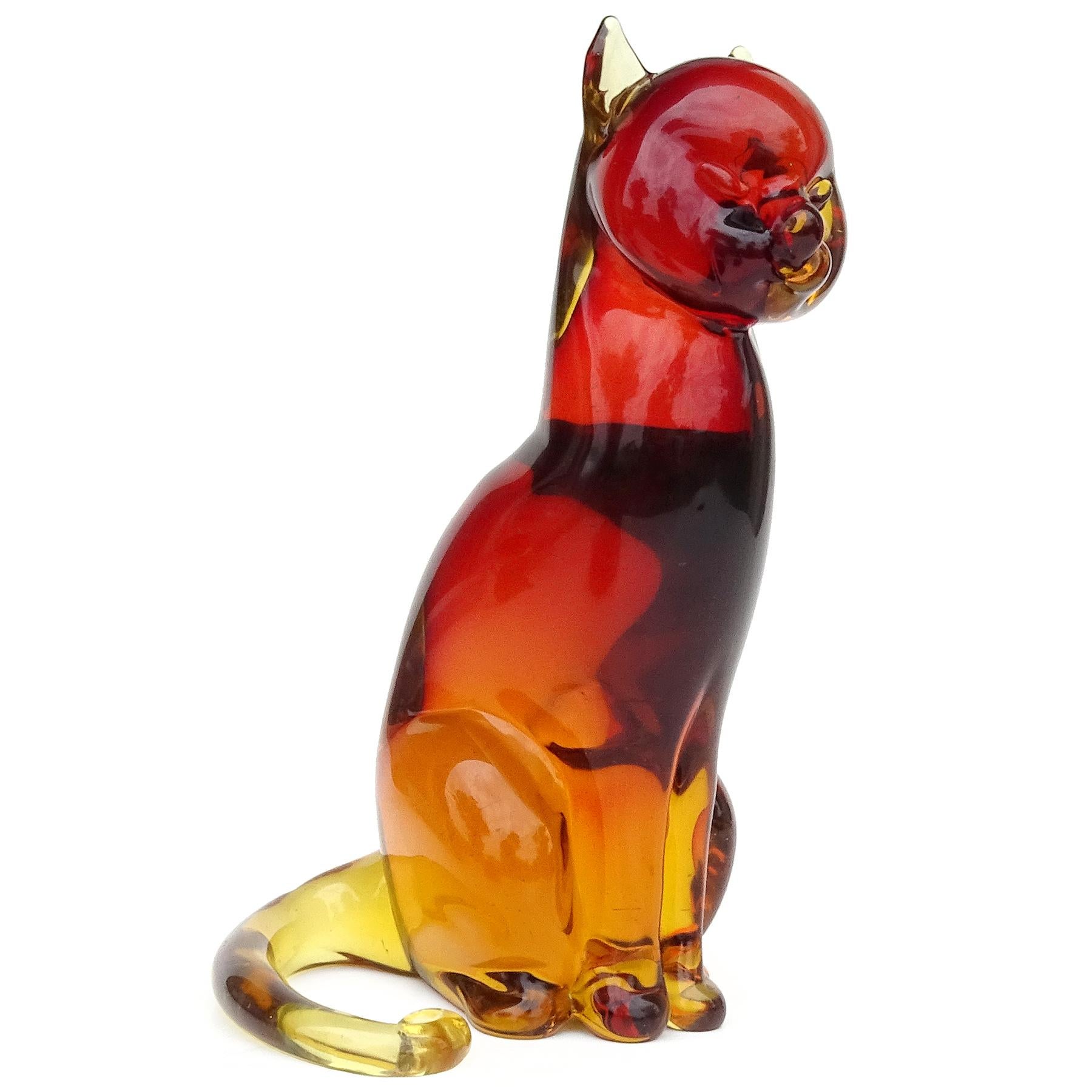 Hand-Crafted Seguso Murano Sommerso Red Orange Italian Art Glass Regal Kitty Cat Sculpture For Sale