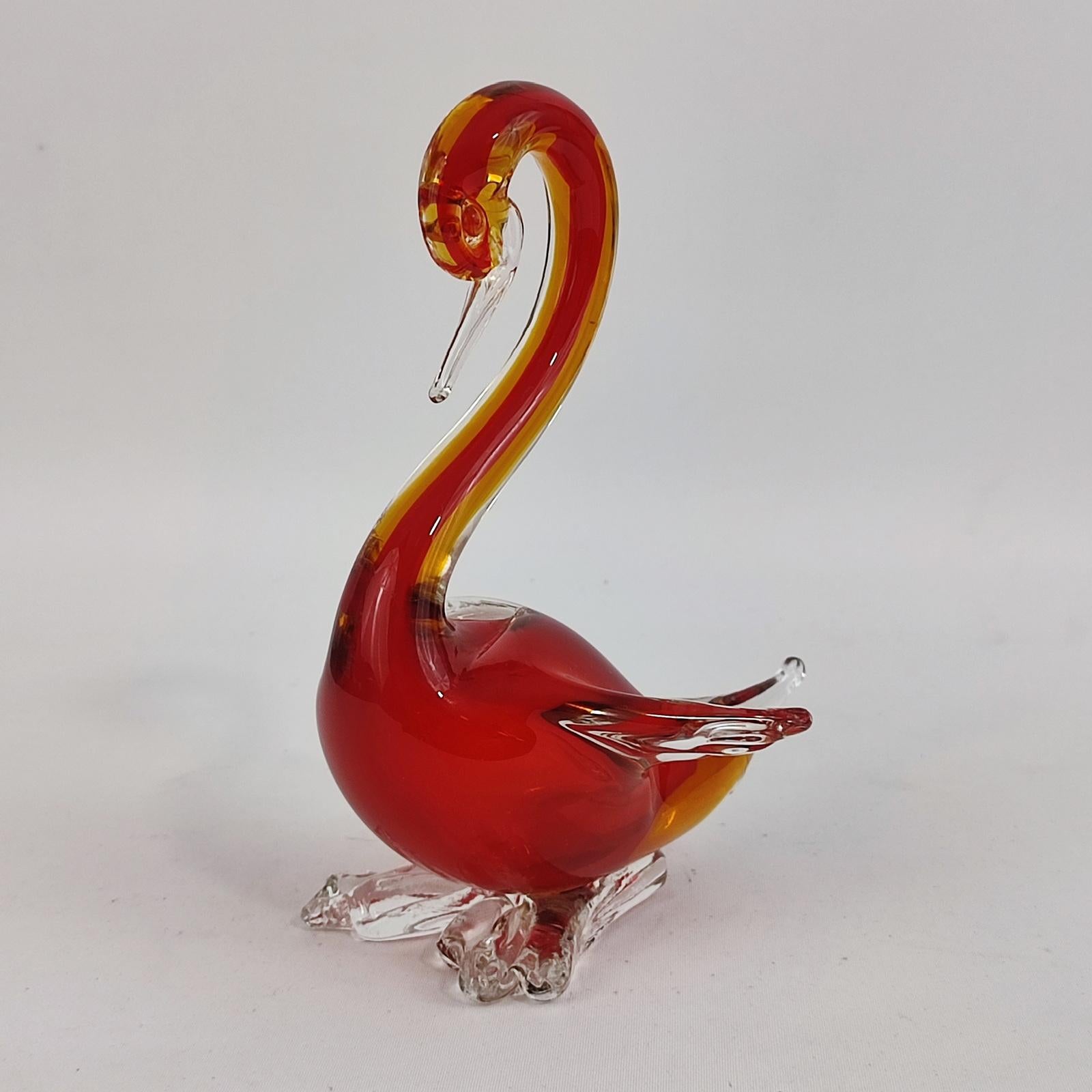 Mid-Century Modern Seguso Murano Sommerso Red Orange Italian Art Glass Swan Bird Sculpture