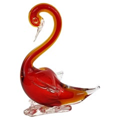 Seguso Murano Sommerso Red Orange Italian Art Glass Swan Bird Sculpture