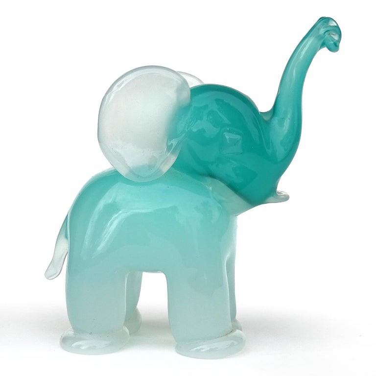 Hand-Crafted Seguso Murano Teal White Opal Albastro Italian Art Glass Baby Elephant Sculpture For Sale
