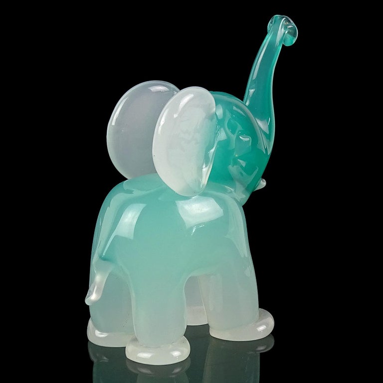 Seguso Murano Teal White Opal Albastro Italian Art Glass Baby Elephant Sculpture In Good Condition For Sale In Kissimmee, FL