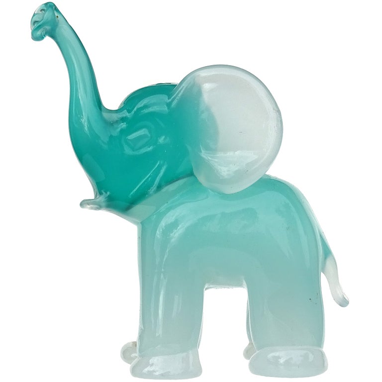 Seguso Murano Teal White Opal Albastro Italian Art Glass Baby Elephant Sculpture For Sale