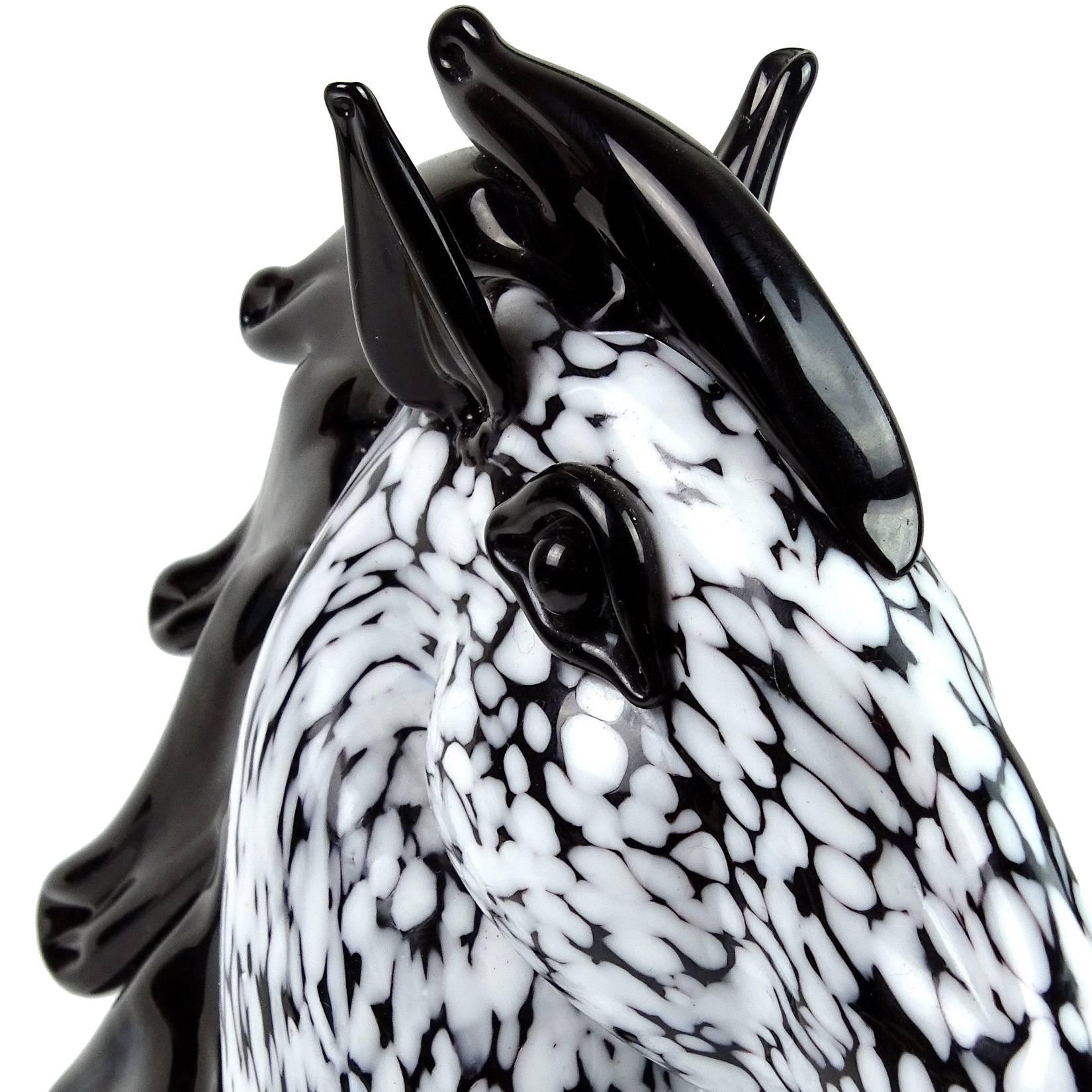 Mid-Century Modern Seguso Murano Vintage Black White Spots Italian Art Glass Horse Head Sculpture