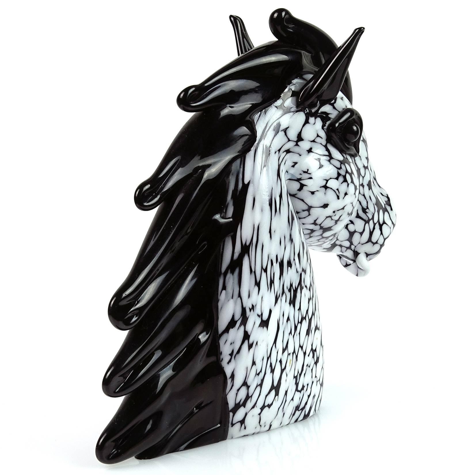 Hand-Crafted Seguso Murano Vintage Black White Spots Italian Art Glass Horse Head Sculpture