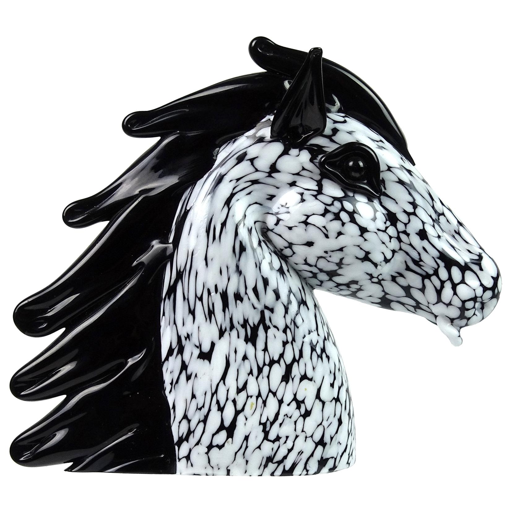 Seguso Murano Vintage Black White Spots Italian Art Glass Horse Head Sculpture