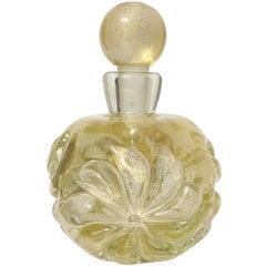 Seguso Murano Vintage Gold Flecks Flower Design Italian Art Glass Perfume Bottle