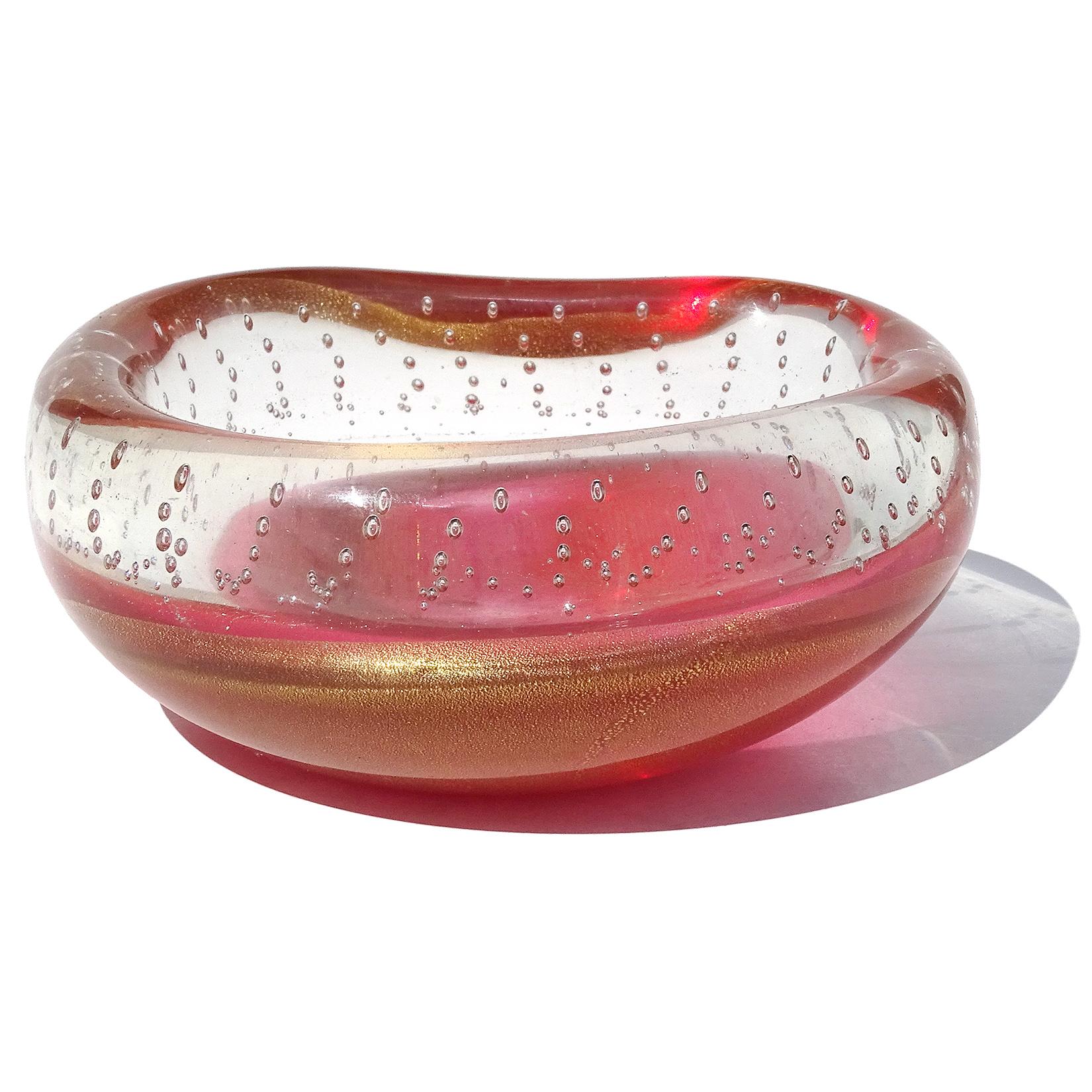 Mid-Century Modern Seguso Murano Vintage Pink Gold Flecks Incalmo Bubble Rim Italian Art Glass Bowl For Sale